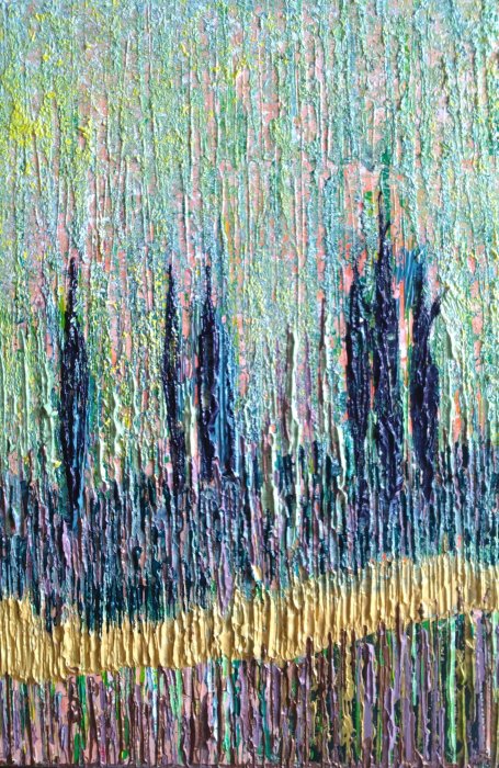 si six cyprès...,2024, acrylique, 40 x 50 cm.