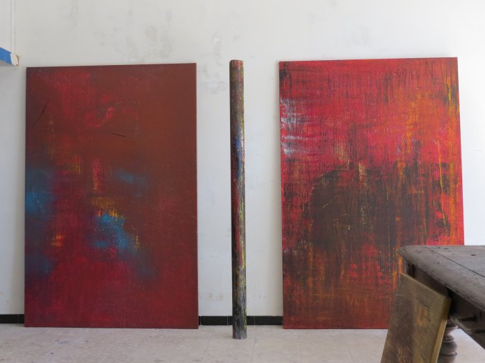 triptyque au tube, 2013, acrylique sur toile et carton, 208 x 195 cm. 