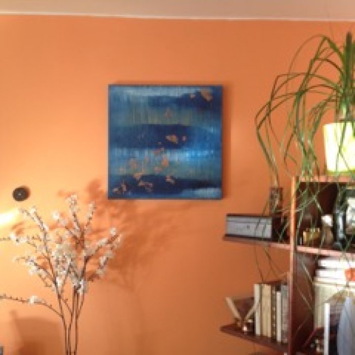 Etude bleu de Prusse, blanc titane et feuille d'or n°8, 2015, 50 x 50 cm.